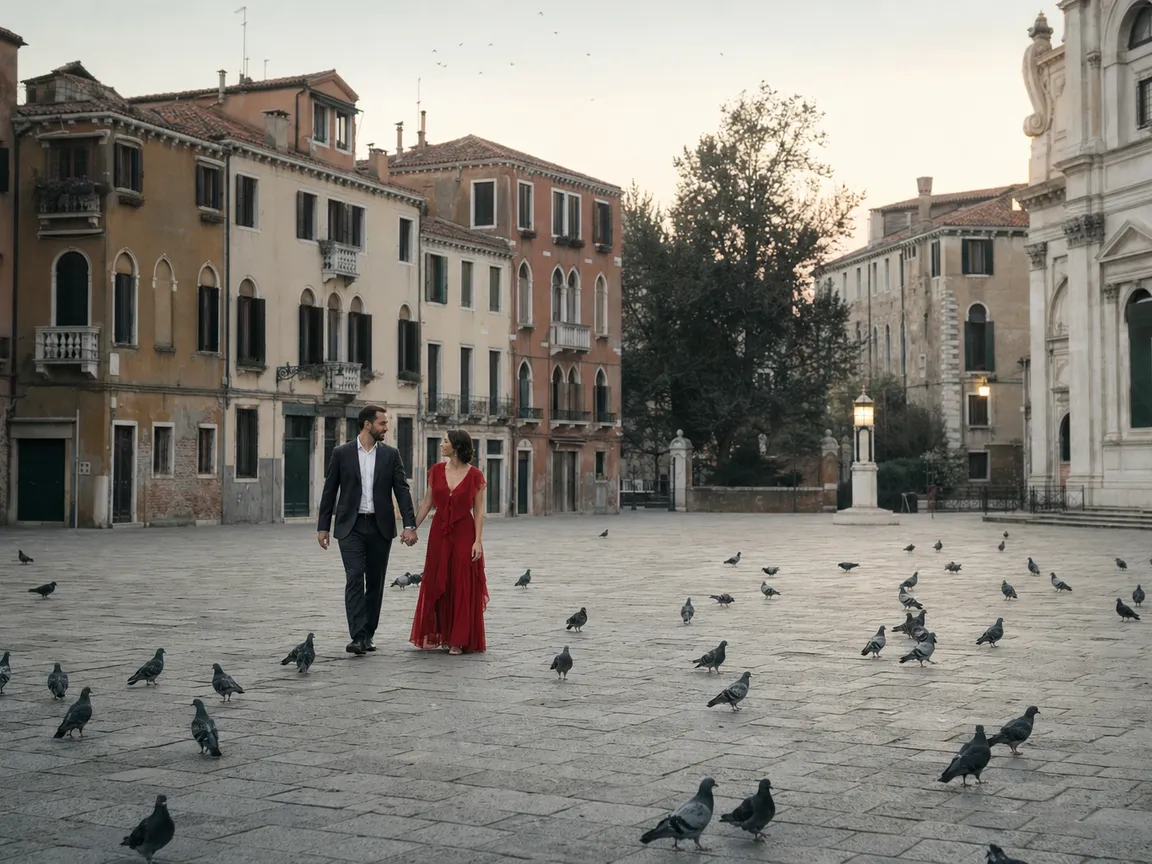 Fidanzati in un campo vuoto all'alba