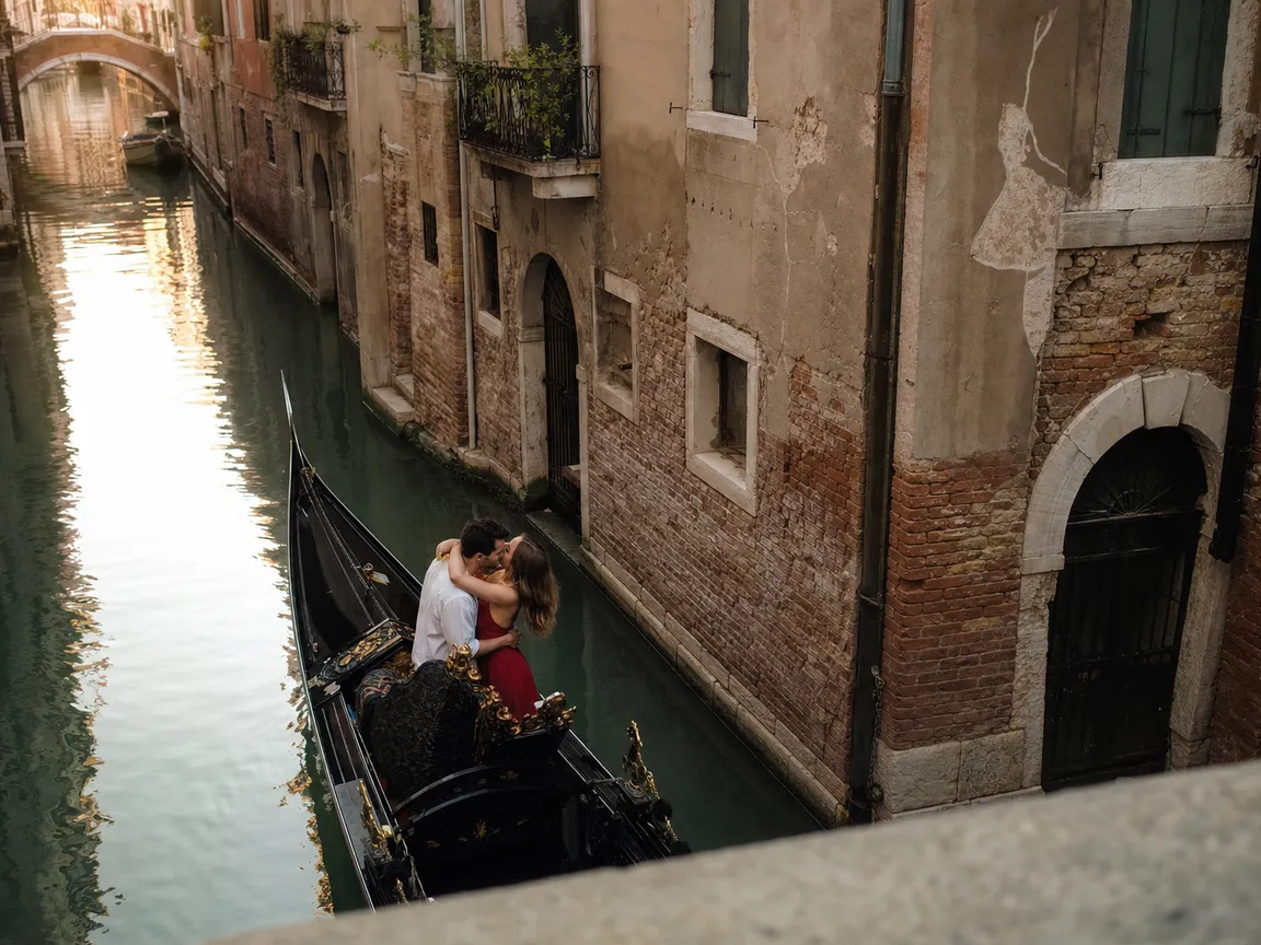 Una coppia abbracciata in gondola al tramonto
