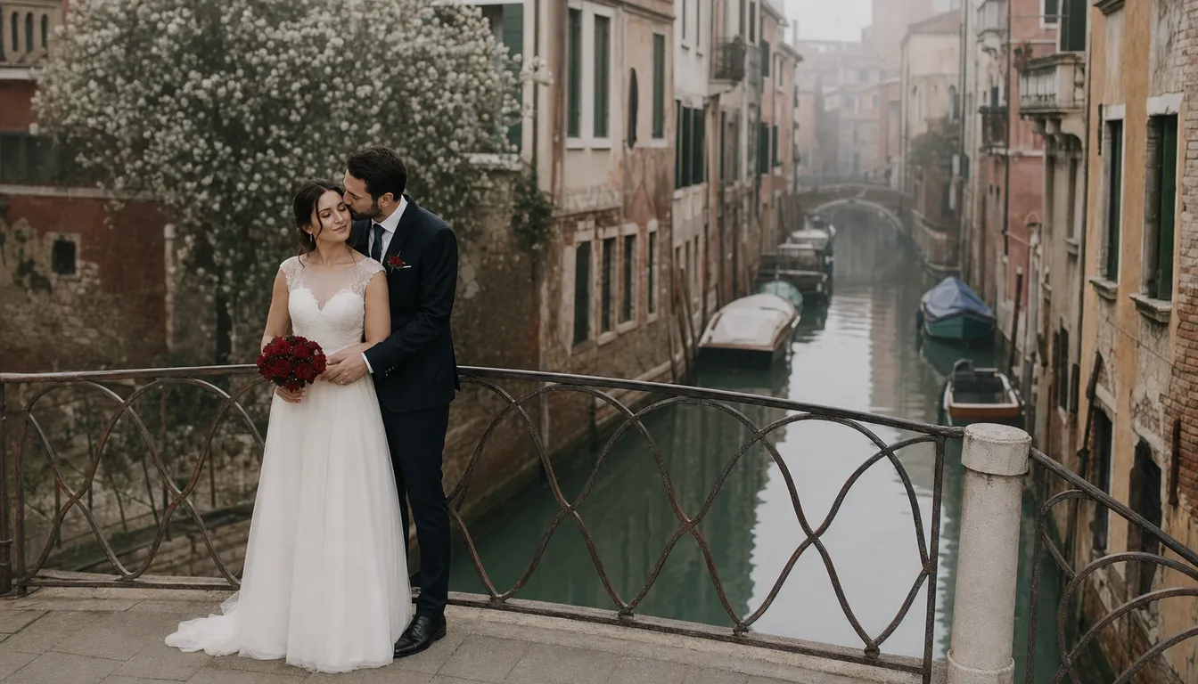 Sposi su un piccolo ponte di un canale veneziano, all'alba