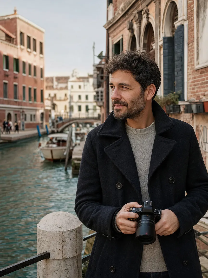 Luca Moretti con la macchina fotografica su una fondamenta