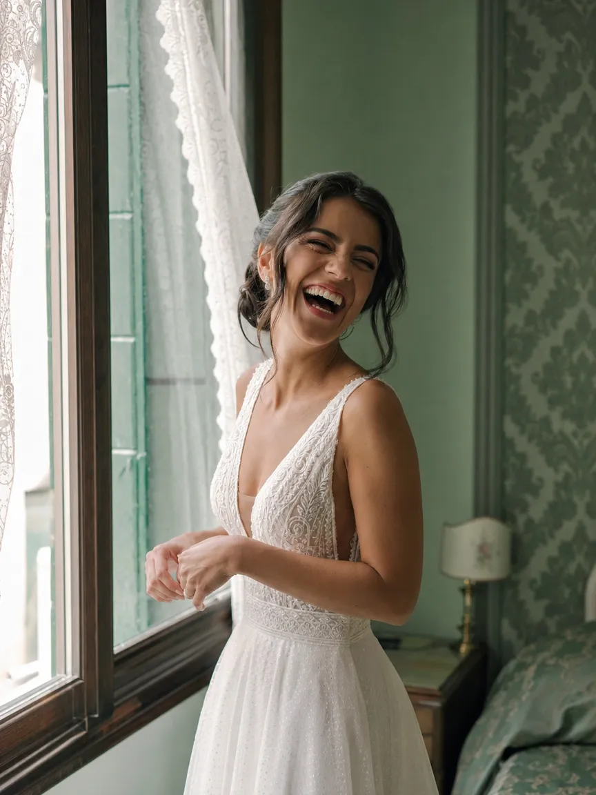 La sposa ride mentre si prepara alla finestra